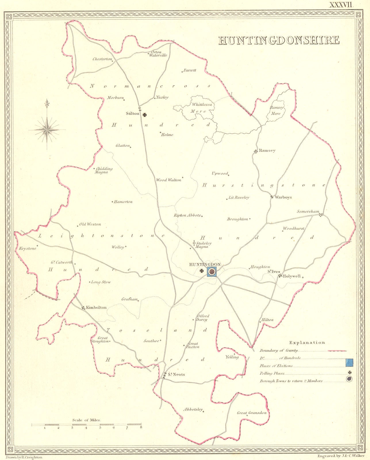 HUNTS. Huntingdonshire. Creighton Walker 1835 old antique map plan chart
